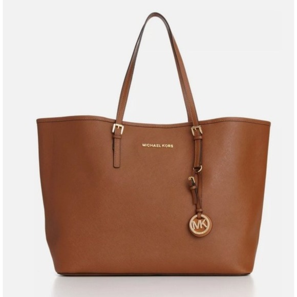 Michael Kors Jet Set Travel Large Saffiano Leather Tote Bag Luggage Brown Gold